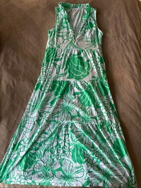 Lilly Pulitzer Green and White Floral Tiered Maxi Dress